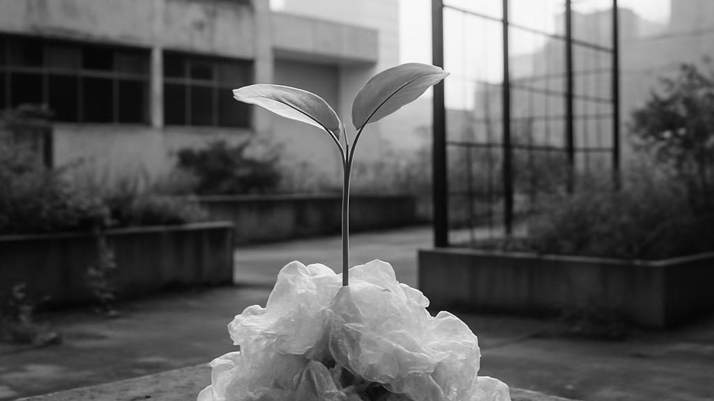 Graet image in greyscale of a small plant growing out of a pile of translucent ruffled object in industrial yard.